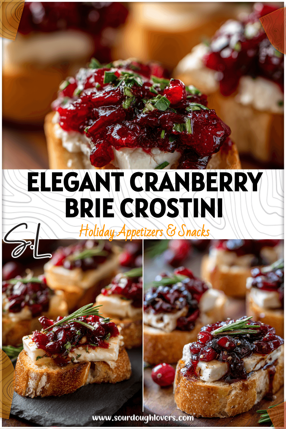 Close-up of crisp crostini layered with cranberry sauce and creamy brie for Thanksgiving Side Appetizers.